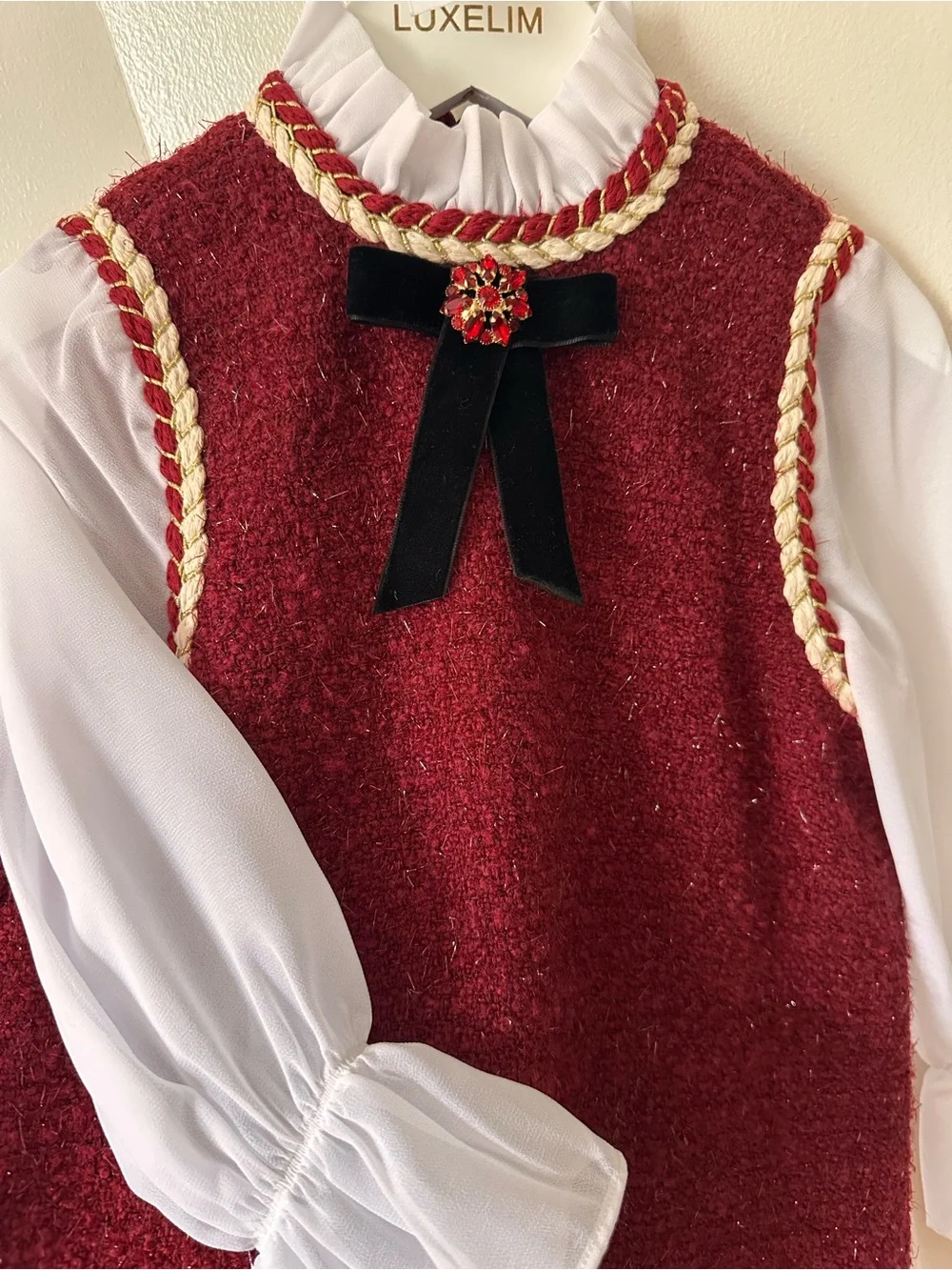 Luxelim Girls Burgundy Tweed Pinafore Dress with Velvet Bow Accent